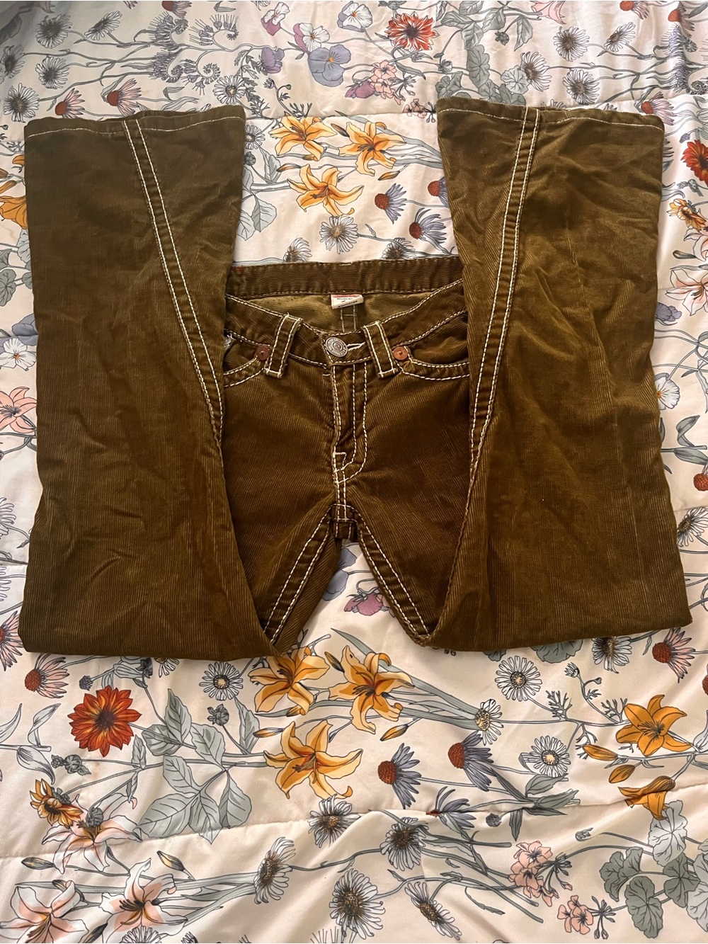 True Religion Olive Green Corduroy Flare Jeans - Picture 2 of 5